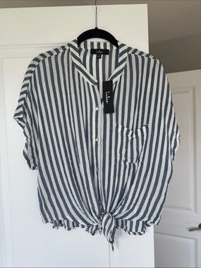Lulu's Navy & White Vertical Stripe Short-Sleeve Button Shirt